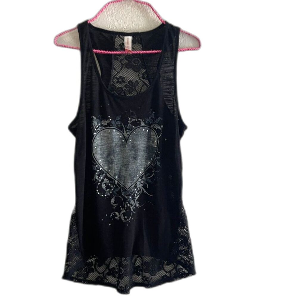 Vintage No Boundaries Black Lace Graphic Heart Tank Top Size L
